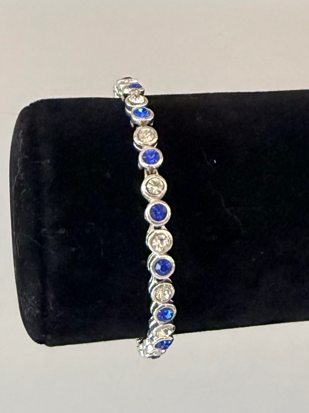 Avon Silver-Tone Tennis Bracelet with Blue and Clear Stones